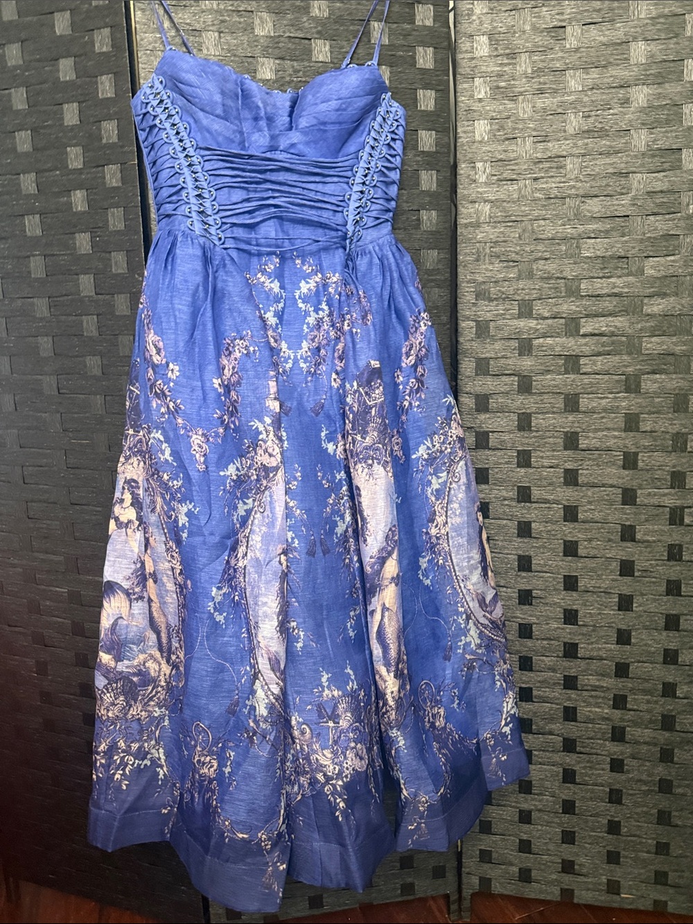 Zimmermann Blue Strapless Fit-and-Flare Dress with Floral Motif
